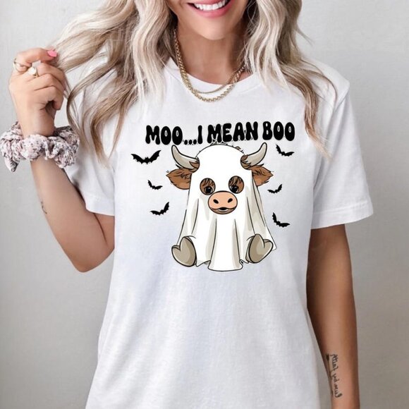 Unbranded Tops - Moo I Mean Boo Funny Halloween Shirt, Boo Spooky Cow Halloween Tee